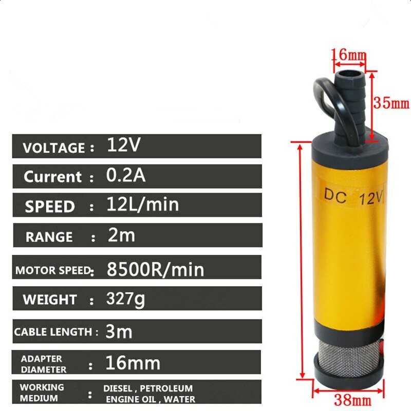 Mini portátil elétrica bomba submersível para bombear óleo diesel e água, liga de alumínio Shell, bomba de transferência de combustível, 12L por Min, 12V, 24V DC