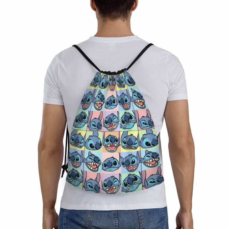 Saco de cordão personalizado Stitch Face Collage para homens e mulheres, mochila de armazenamento leve Sports Gym