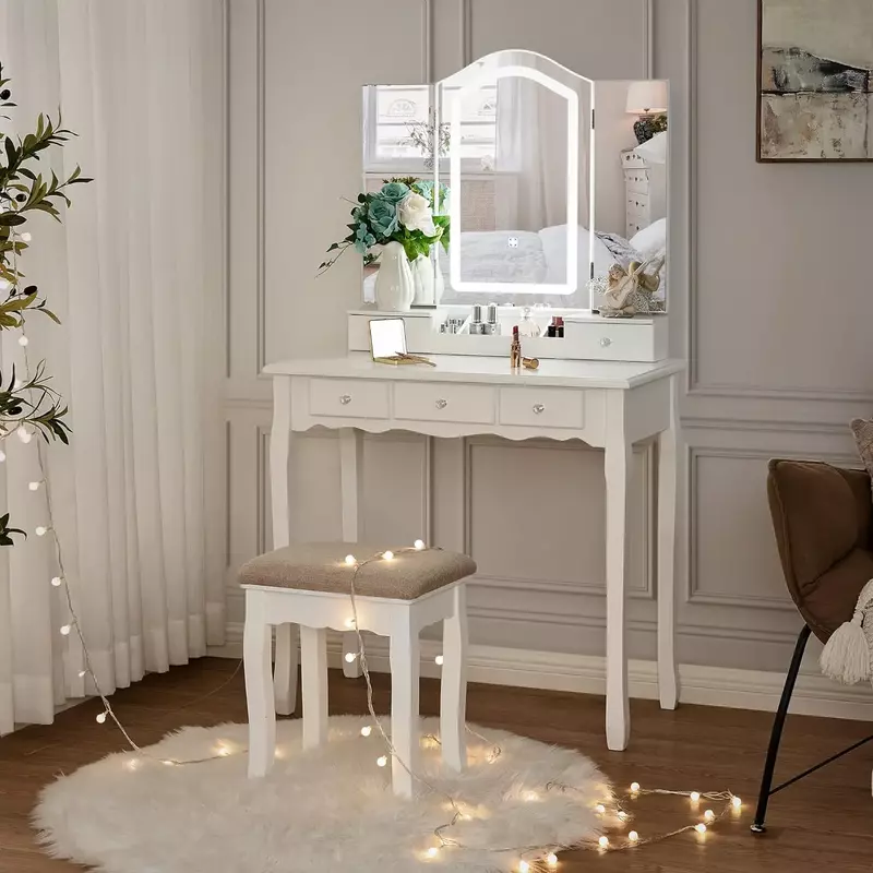 Vanity Desk with Mirror and Lights, Makeup Vanity with Lights, White Vanity Set with Tri-Folding Mirror with 3 Colors  Modes