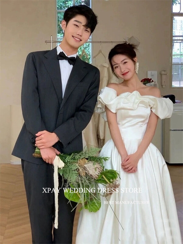 Xpay Elegante Off Shoulder Korea Satijn Trouwjurken Fotoshoot Mouwen Korte Verdieping Lengte Bruidsjurken Korset Terug Prinses