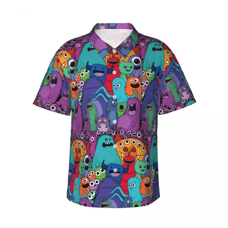 Kaus kasual Halloween seram Monster Gang kemeja Hawaii longgar pria lengan pendek desain gaya jalanan Pantai blus ukuran besar