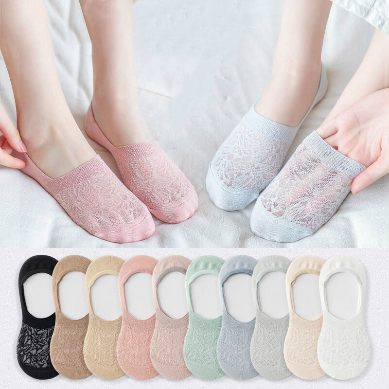 5 pares de verão moda fina meias femininas silicone antiderrapante cor pura algodão curto tubo oco malha rasa invisível meias