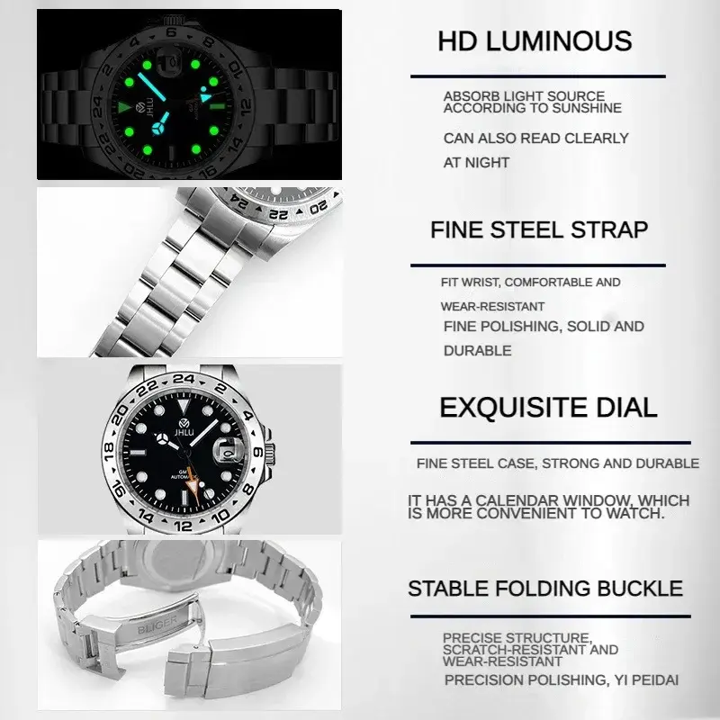 JHLU-GMT Watch for Men, Pagani Design, Automático, Mecânico, Sapphire, Aço inoxidável, Impermeável, Novo, 42mm