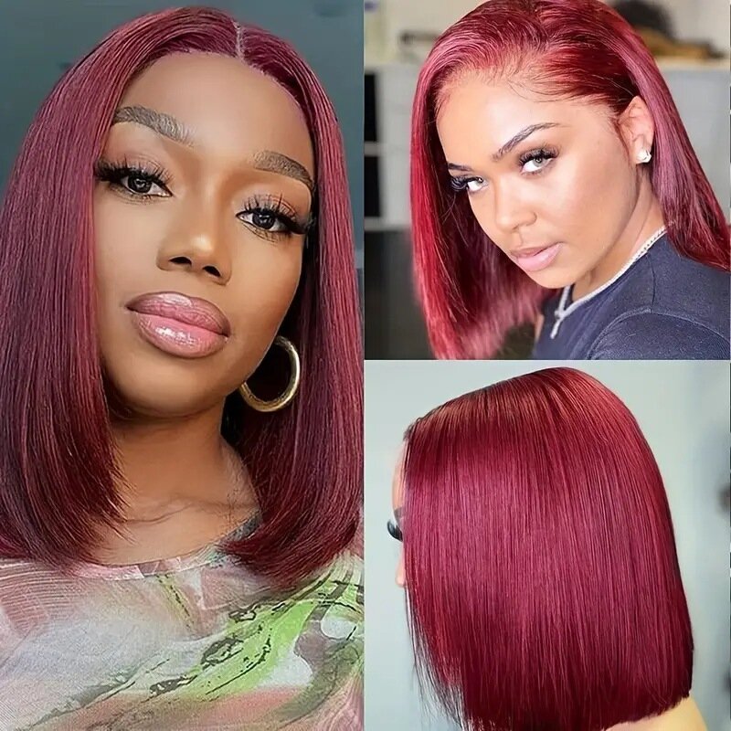 Synthetic Human Hair Short Bob Wig Dark Red Burgundy Color Full Frontal Bob Wig Blunt Cut Bone Straight For Black Woman