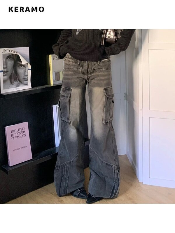 Calças jeans largas de perna larga feminina, cintura alta estética, jeans solto, bolsos casuais, calça retrô da moda, harajuku, verão, 2024