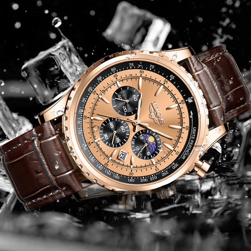 LIGE-reloj analógico de cuero para hombre, accesorio de pulsera de cuarzo resistente al agua con cronógrafo, complemento Masculino deportivo de marca de lujo con diseño moderno