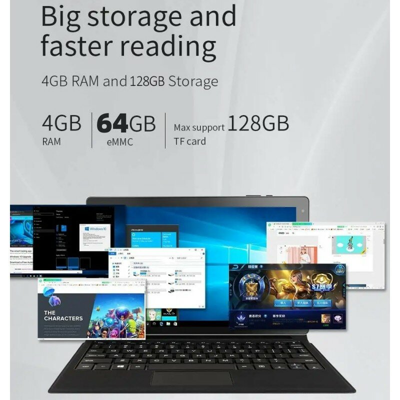 4GB RAM 64GB ROM 64-bit 10.1 INCH Windows 10 Tablet 1920x1200 IPS Quad Core Dual Cameras HDMI 6500mAh Battery