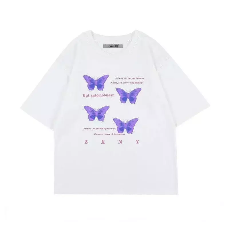 Camiseta extragrande feminina, estética Harajuku, estampa com carta borboleta roxa, manga curta, streetwear doce, tops Y2K