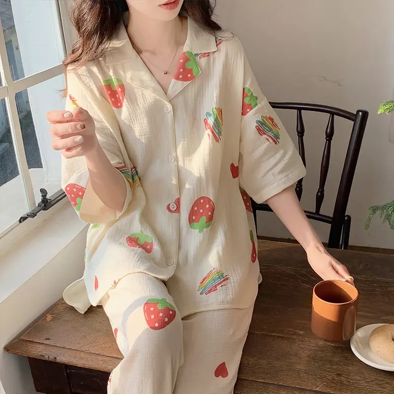 Women's Pajamas New Summer Gauze Cotton Sleepwear Set Strawberry Cartoon Pyjama Woman Home Nightwear Set Loungewear Short Sets