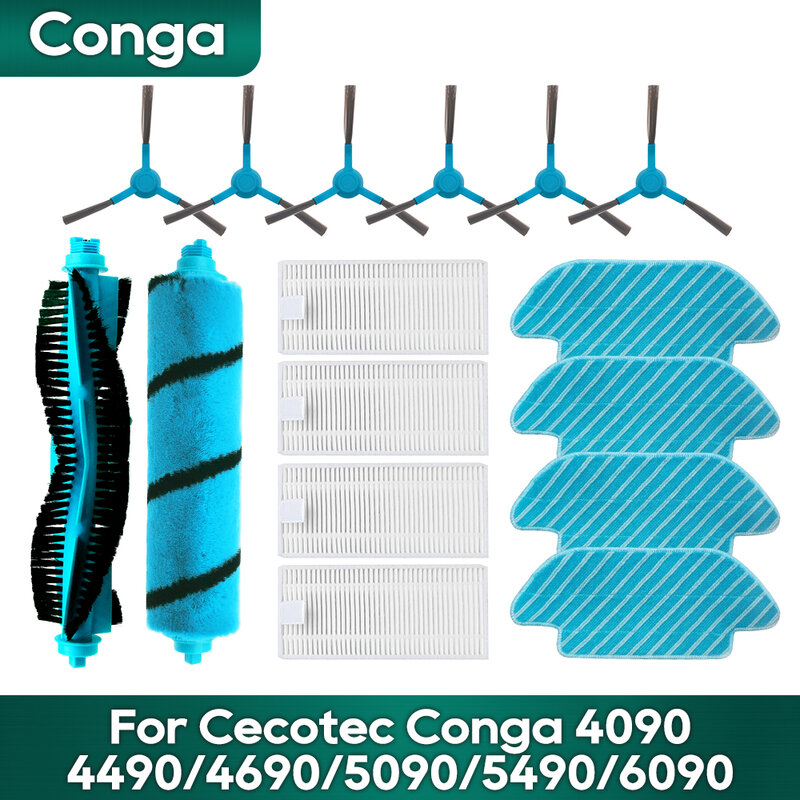 Kompatibel mit dem Staubsauger Cecotec Conga 4090 / 4490 / 4690 / 5090 / 5490 / 6090 Hepa Filter Roller Soft Side Brush Mop Cloths Zubehör