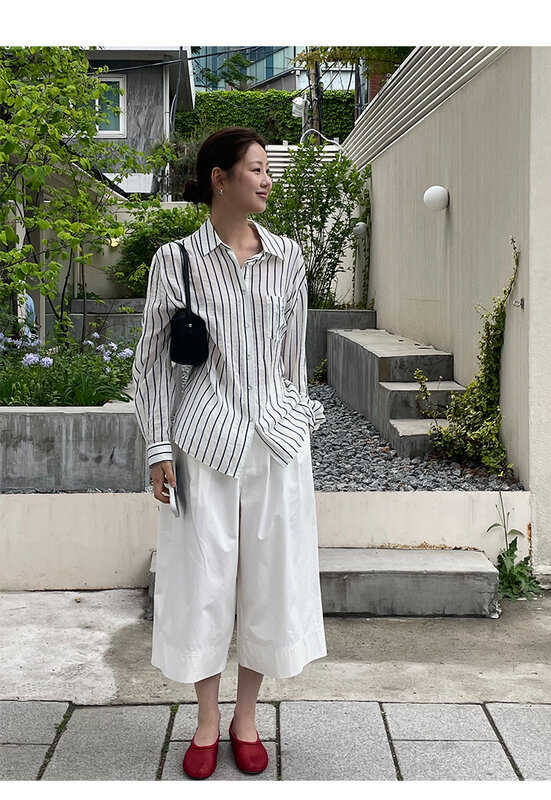 Camisa holgada informal de manga larga con solapa a rayas para mujer, decoración de bolsillo, primavera y verano
