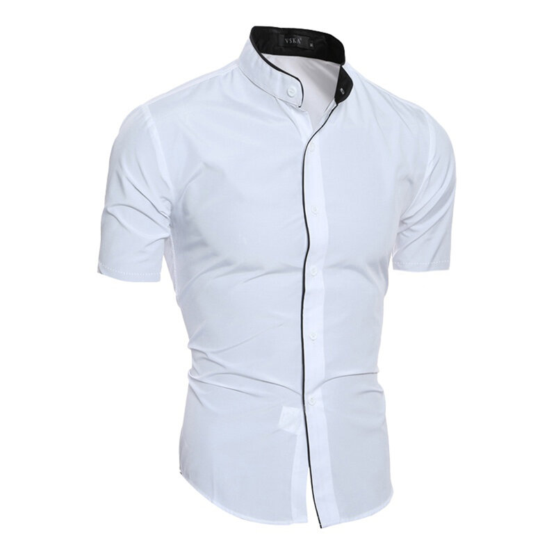 Men Summer Shirts Button Down Short Sleeve Business Casual Shirts Fashion Stand-up Collar Slim-fit Cotton Shirt White T-shirt