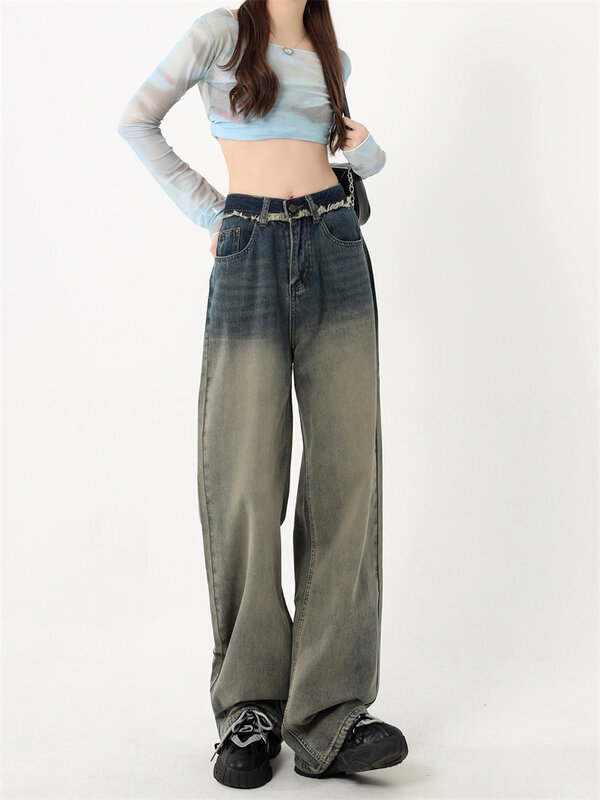 Streetwear Jeans Women Vintage Cargo Denim Trousers High Waist Loose Baggy Pockets Straight Aesthetic Harajuku Pants