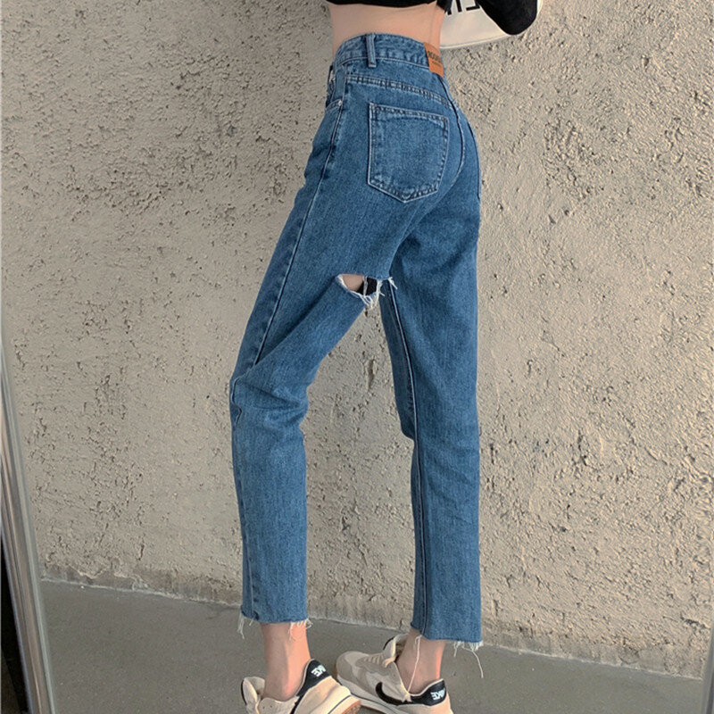 Hoge Taille Rechte Jeans Voor Vrouwen Gaten Ripped Enkellange Denim Broek Vrouwelijke Zomer Jean Koreaanse Fashion Fall Broek 0177