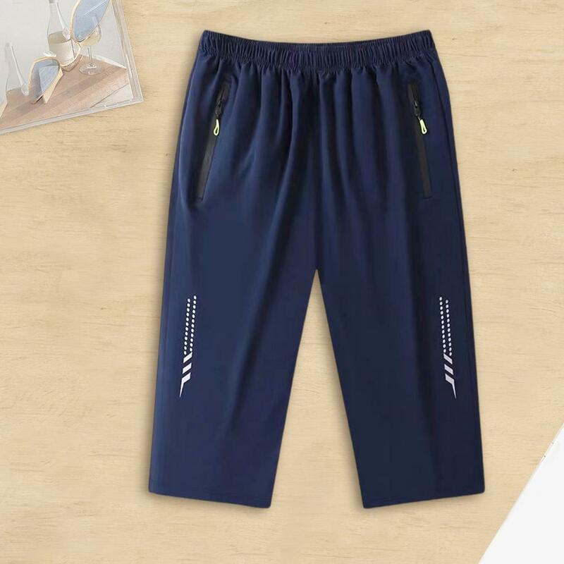 Blended Fabric Pants Men's Ice Silk Cropped Pants with Zipper Pockets Elastic Waistband Quick Dry Technology for Athletes