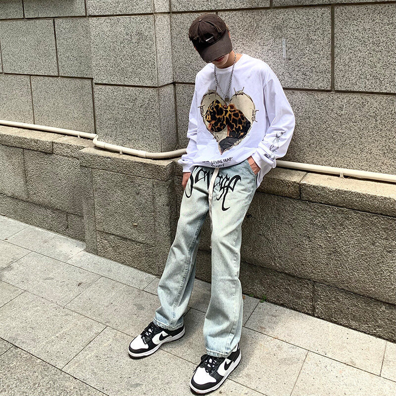 ยุโรปและอเมริกา High Street กางเกงยีนส์ผู้ชาย Hiphop ทอด Street ตรงกางเกงฤดูใบไม้ร่วง Retro ตัวอักษรกางเกงขากว้าง