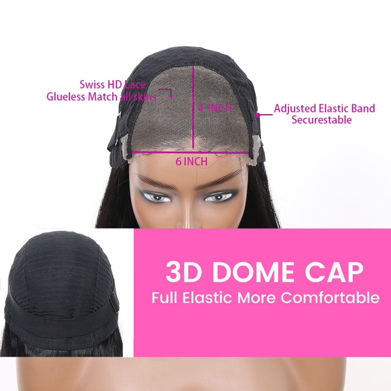Wear And Go-pelucas de cabello humano liso sin pegamento para mujer, pelo Natural brasileño con cierre de encaje 6x4, 180% de densidad