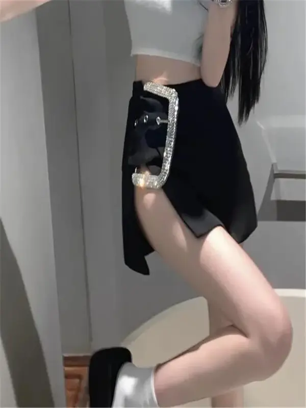 Miniröcke Frauen Split Strass Gürtel hohe Taille schwarz schlanke Wickel Hüfte sexy Rock weibliche Streetwear Sommer neu