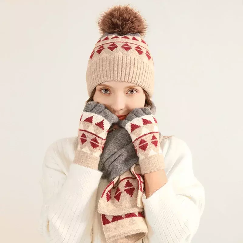 겨울 니트 장갑 스카프 모자 3 종 세트, 양모 따뜻하고 차가운 저항 폼폼 비니 모자, 고급 디자인 세트, 패션