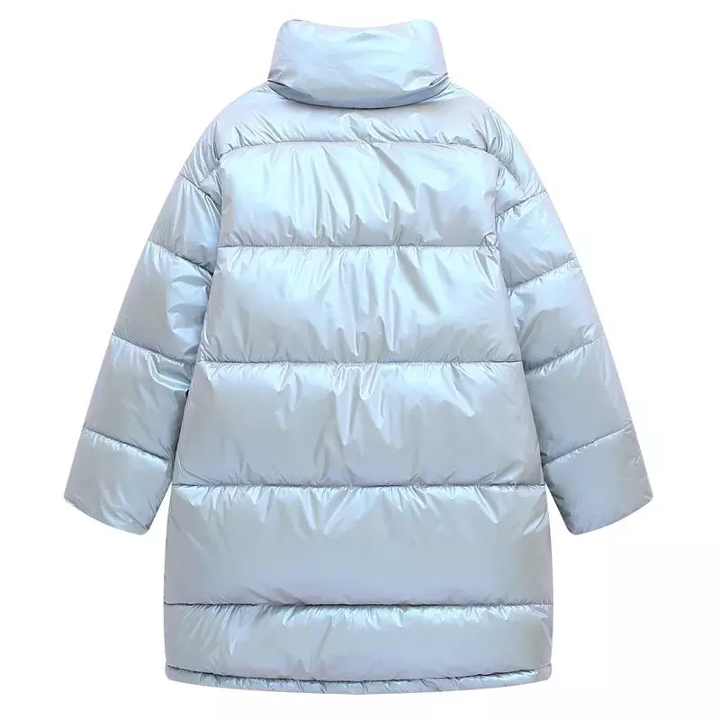 Jaqueta longa de rosto brilhante extragrande feminina, casaco de inverno feminino, jaqueta monocromática, gola alta, monocromática, 2024
