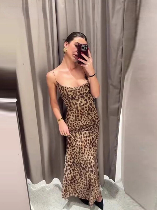 2024 Sommer neue sexy Leoparden muster Tüll Schlinge Kleid Frauen ärmellose rücken freie Rucksack Hüfte Party kleid Mode Abendkleid