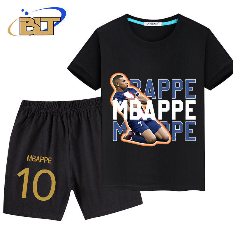 Mbappe head printed ropa para niños, camiseta para niños, pantalones, conjunto de 2 piezas, pantalones cortos negros de manga corta, traje de verano