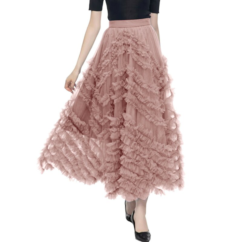 Skirt For Women New Elastic High Waist Mesh Cake Fashion Sweet Solid Color 2024 Summer Petticoat Tulle Pleated Skirt Female