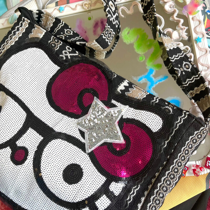 Sanrio tas selempang kartun Hellokitty Y2K, tas kain kapasitas besar, tas bahu payet modis berpergian Kawaii
