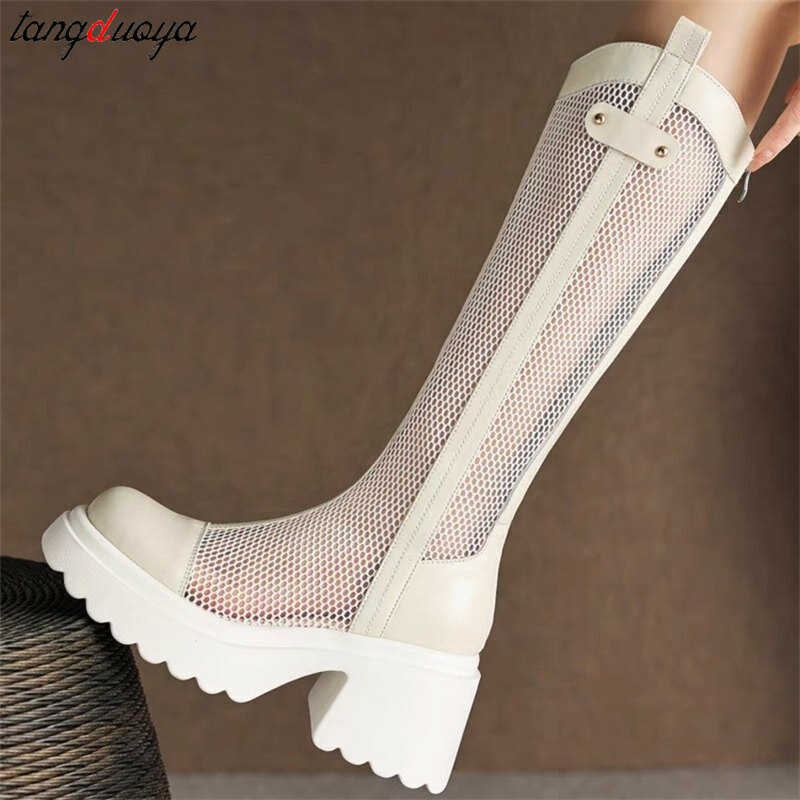 Women Sandals Boots 2024 Summer New Gladiator Zipper Mesh Breathable Med Heels Fashion Boots Female Casual Versatile Boots