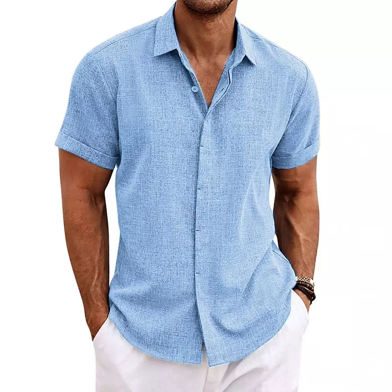 Bawełniana lniana gorąca wyprzedaż męska krótka koszule z rękawami letnia jednolity kolor obroża w stylu Casual plażowym Plus Size