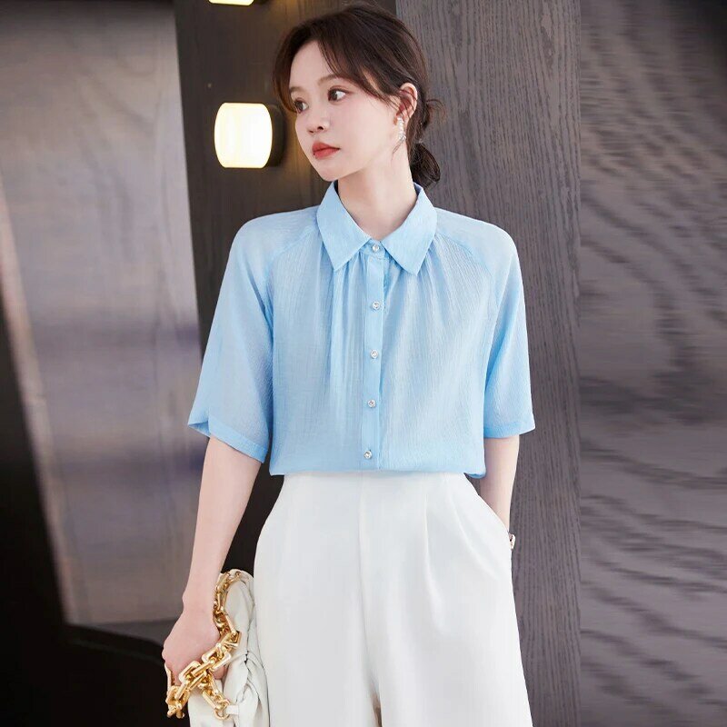 NAVIU Shirt Women Solid Turn-down Collar Retro Chic Korean Style Streetwear All Match Simple Leisure Popular Preppy Clothing