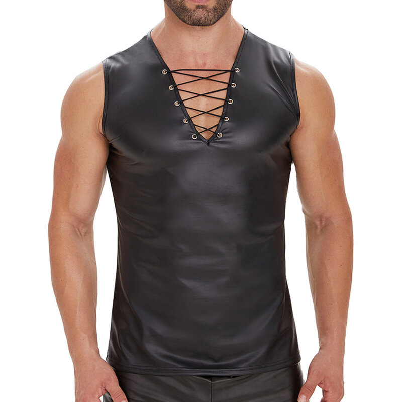 Men Faux Leather Vest Moto Lingerie Tanks Tops Night Clubwear Men's Clothing Leather Sleeveless Bandage Undershirts Body Shaper