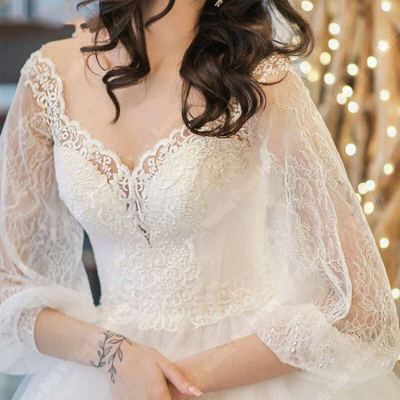 예쁜 A라인 여성용 웨딩 드레스, 밝은 레이스 인쇄 신부 가운, 걸레질 길이, 공주 약혼 공