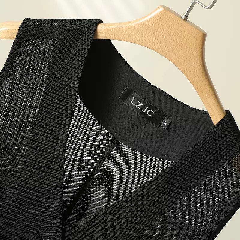Gilet corto in rete nera con scollo a v estate 2024 nuova giacca sottile senza maniche con Design Slim Fit
