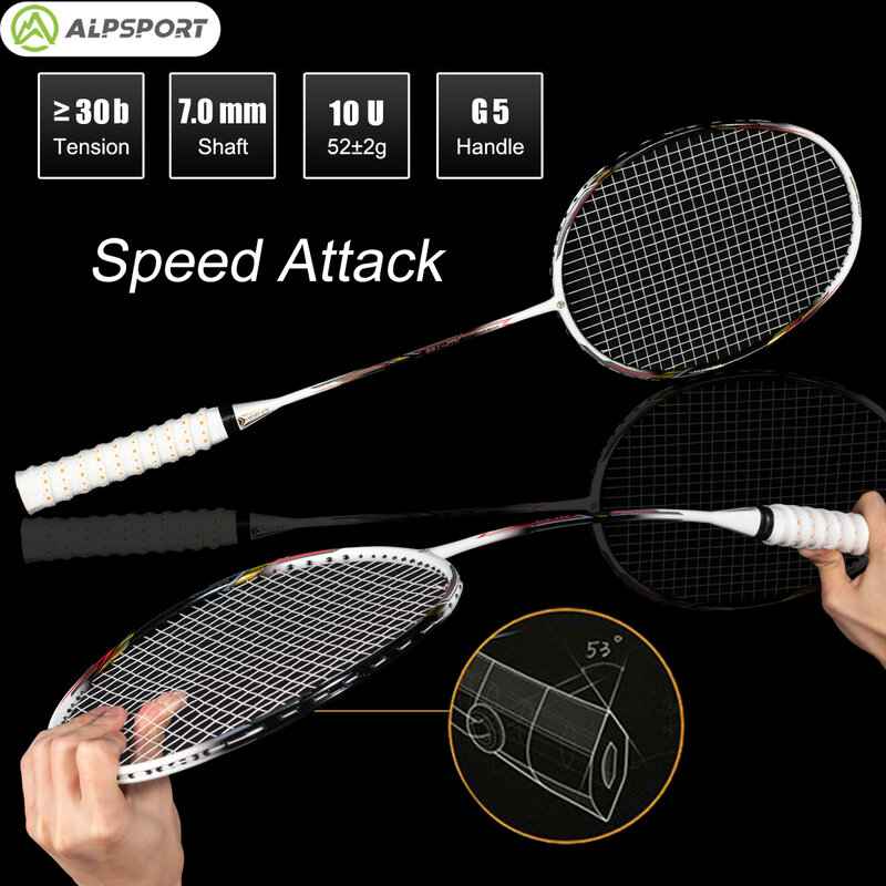 Alpsport AIR 10U  Ultra-leve 52g T500 Raquete de badminton Ressalto rápido  Importada Máximo de 28lbs 100% Fibra de Carbono Pro + Raquete de titânio Para jogadores intermédios e avançados