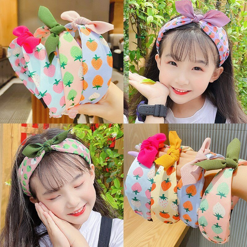 AISHG Fruit Print Hairband for Women Strawberry Knot Bow Headband Korean Sweet Fabric Hoop Hair Band Girls Hair Accessories