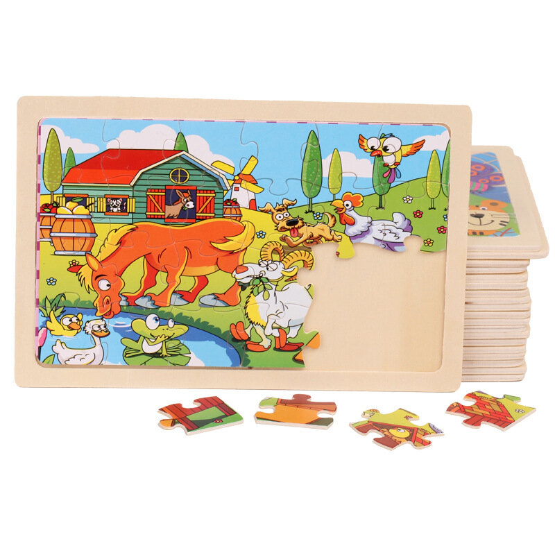 24個子供木製パズルのおもちゃ漫画の動物の木製パズルジグソーパズル教育学習玩具子供7-14年