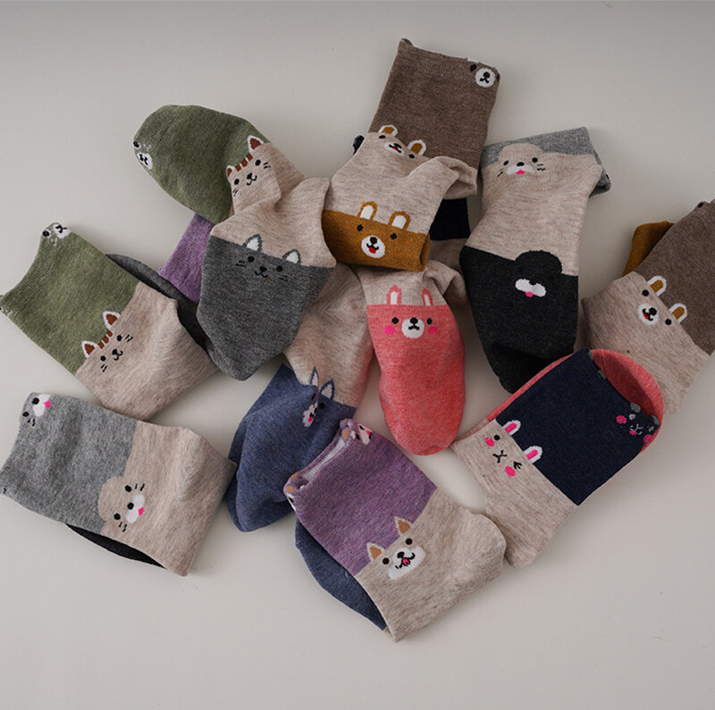 Calcetines con patrones de gato y perro para mujer, calcetines de algodón para mujer, rayas casuales, calcetines de longitud media