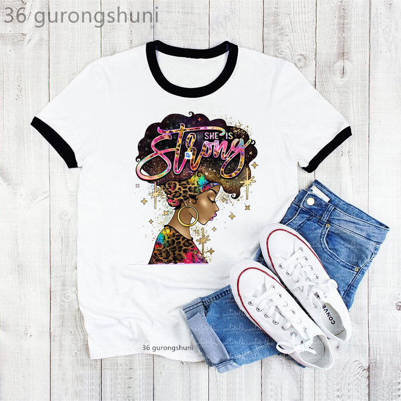 Черные женские футболки She Is Strong, модная футболка с леопардовым принтом, звездой, афро-королевой, меланином, женские черные женские топы