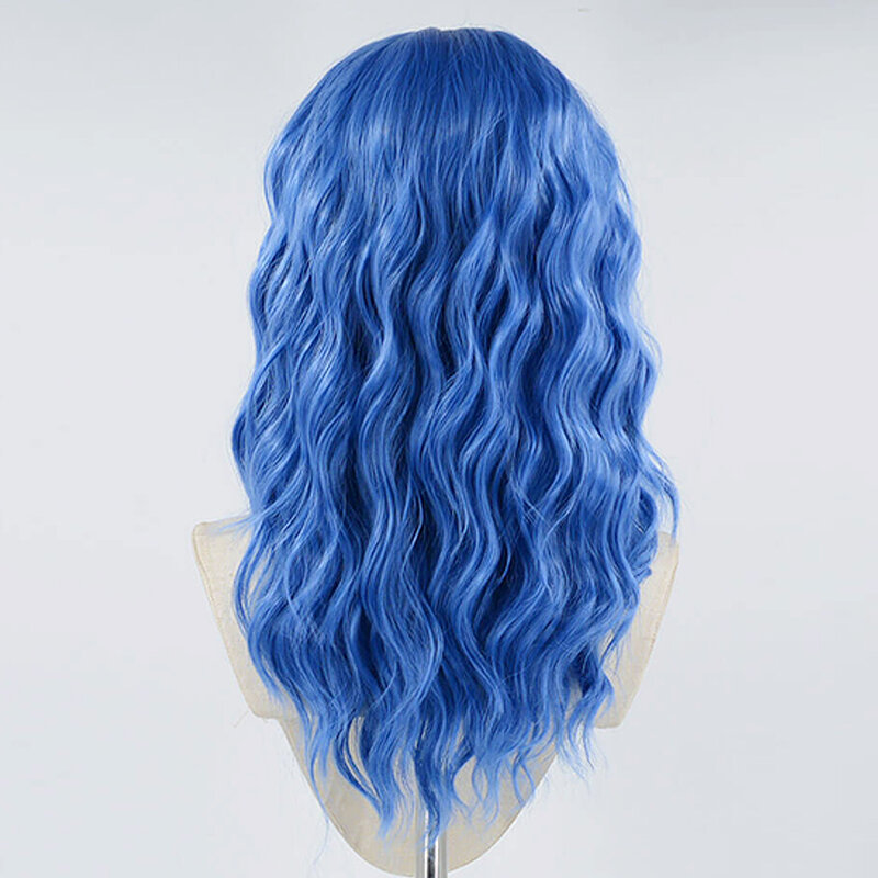 Niebieska krótkie peruki dla kobiet żaroodporna peruka syntetyczna koronka bezklejowa peruka luźna fala naturalną linią włosów koronkowa peruka na przód Cosplay