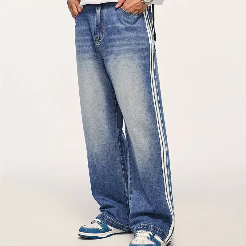 Męskie wiosenne letnie klasyczne sprane dżinsy spodnie typu Casual uliczne wysokiej jakości modne spodnie z luźna szeroka nogawkami spodnie taktyczne