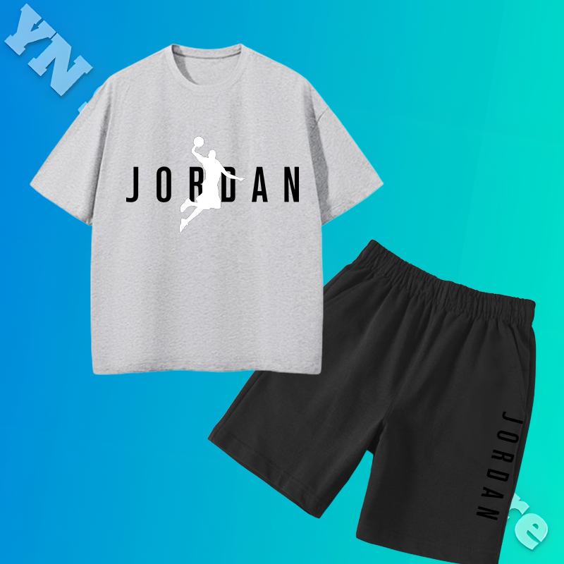 Roupa casual esportiva de duas peças para meninos e meninas, camiseta de manga curta, calça solta simples, roupa exterior, criança na moda, estampada