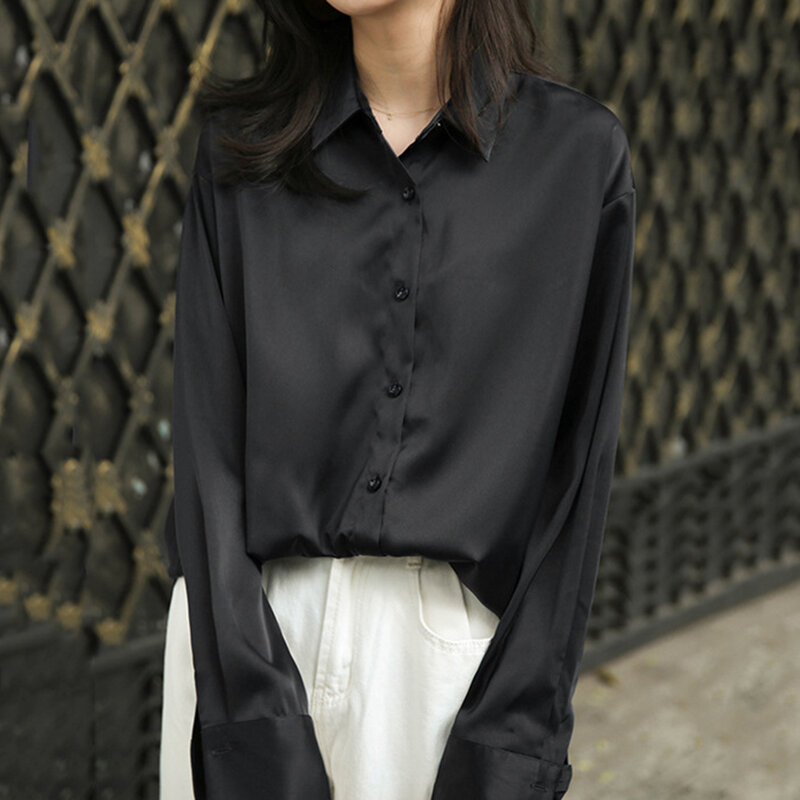 Женская свободная рубашка с длинным рукавом, блузка в стиле ретро, уличная одежда, топы, модная однотонная Дамская рубашка на пуговицах с лацканами, весна-осень
