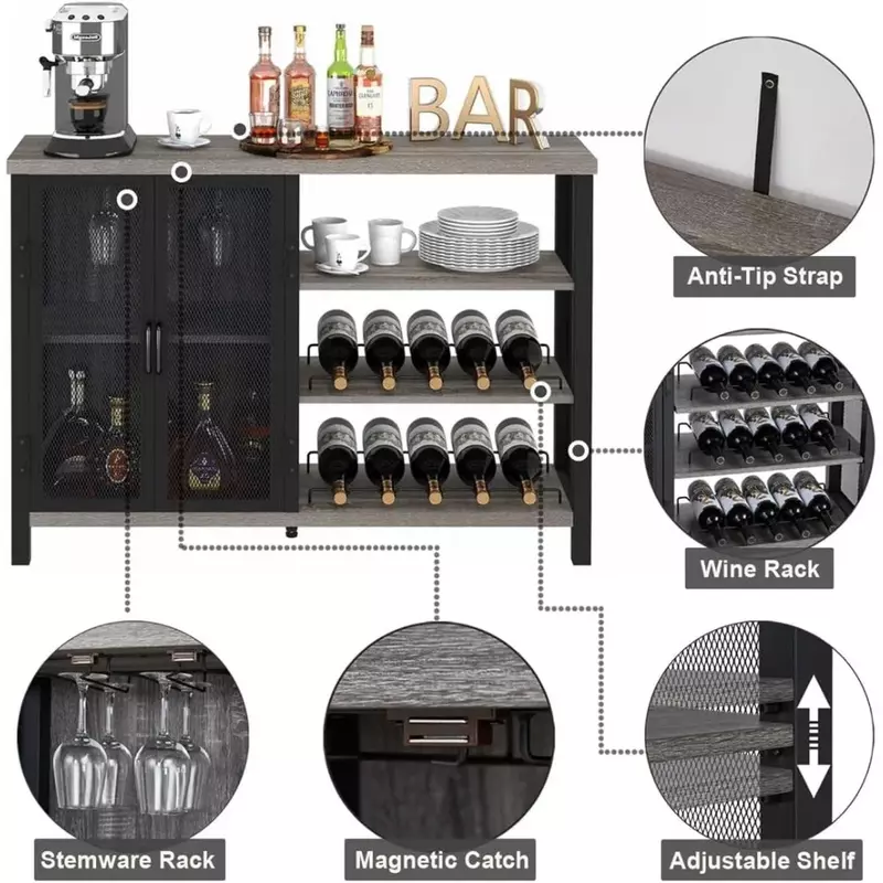 Barra de licor para el hogar, gabinete de Bar rústico para el hogar con estante para vino, gabinete de barra de café con almacenamiento (47 pulgadas, Roble gris)