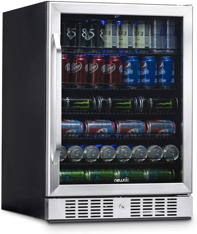 NewAir-nevera para bebidas con capacidad de 177 latas, minibar de acero inoxidable, nevera para cerveza con bisagra Reversible, puerta de vidrio