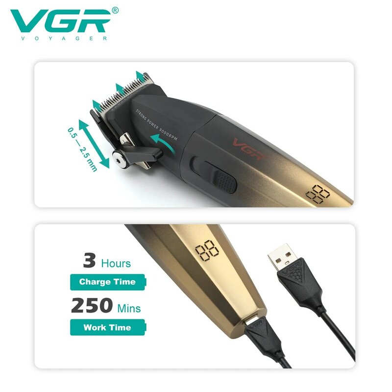 VGR 전문 헤어 트리머 전기 클리퍼, 무선 헤어 커팅 머신, 남성용 V-003, 9000RPM