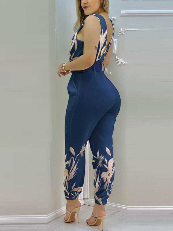 ผู้หญิง Jumpsuits 2022 V-Neck Boho Sablon Bunga กว้างขายาวกางเกง Rompers สุภาพสตรีสปาเก็ตตี้กางเกงขนาด Plus