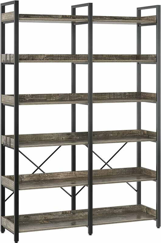 Seventable Bookshelf 6 Tier with 4 Hooks，69”Industrial Wooden Bookcase, Vintage Storage Rack with Open Shelves