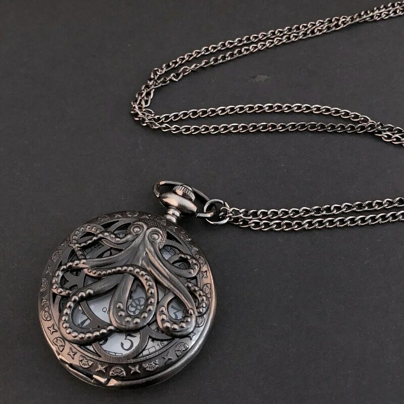 Exquisite Artistic Octopus Hollow Carved Quartz Pocket Watch Necklace Pendant Gifts For Women Or Man with Fob Chain