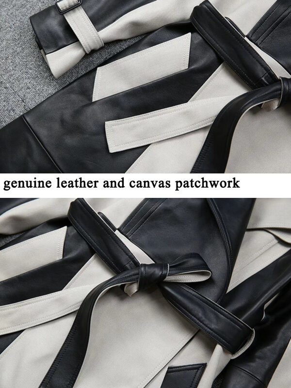 Casaco de couro para mulheres, quebra-vento longo emendado, lapela grande, cinto preto e branco, streetwear feminino, inverno, 2024
